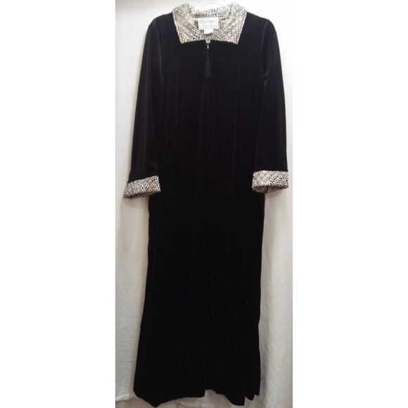 VTG Cinema Etoile Robe 3/4 Zip Black Velour Animal Print Collar Cuff Large Note - Picture 1 of 6